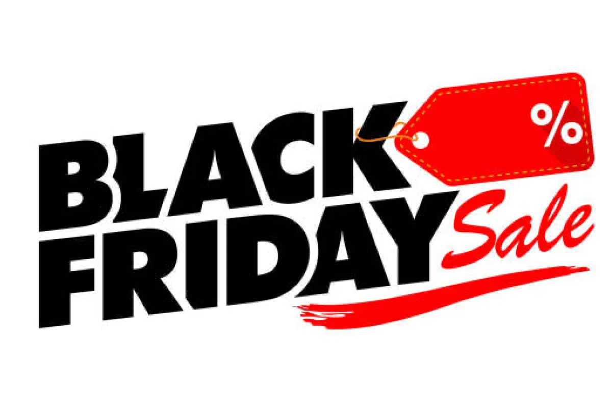 Black Friday header with price sticker and shopping cart. Vector template on transparent background