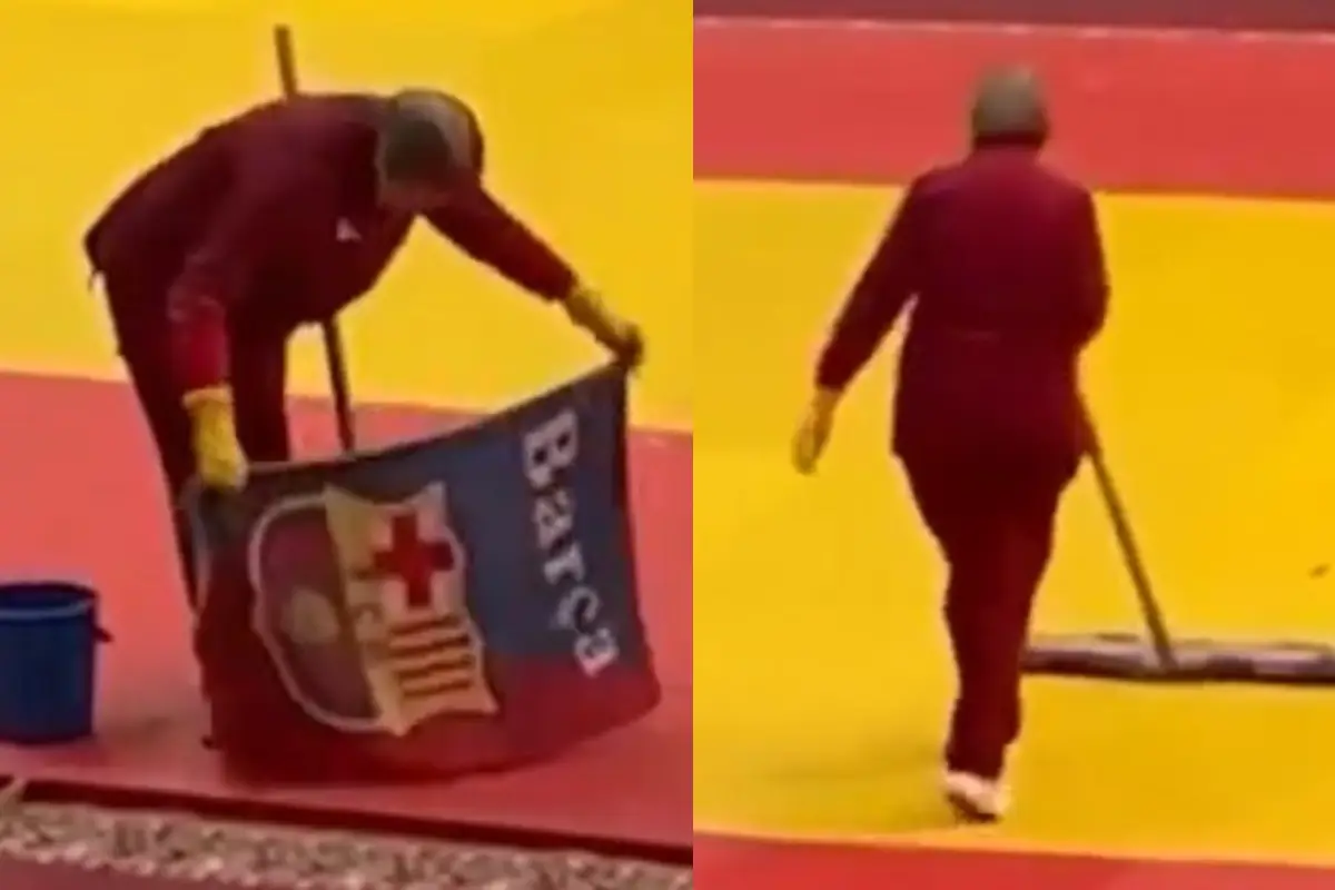 Empelada usa bandera del FC Barcelona para limpiar zona de combate en Mundial de Lucha 